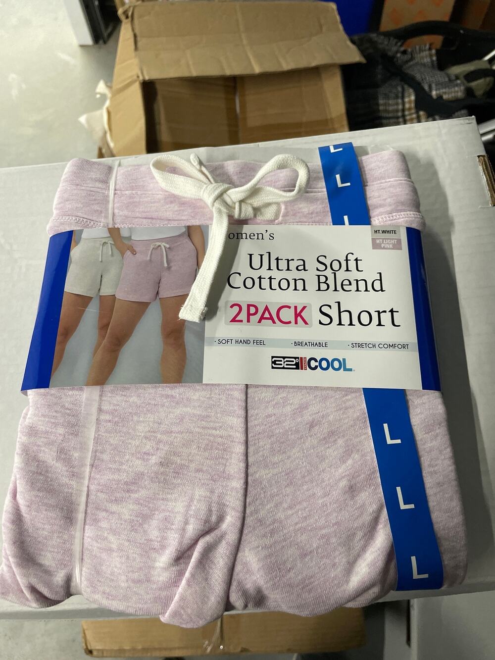 32* Women’s Ultra Soft Cotton Blend 2Pack Shorts Size L Heather White/Light Pink